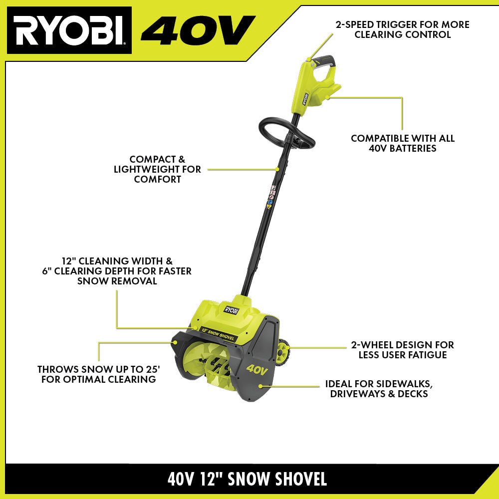 40V 12″ WHEELED SNOW SHOVEL KIT | RYOBI