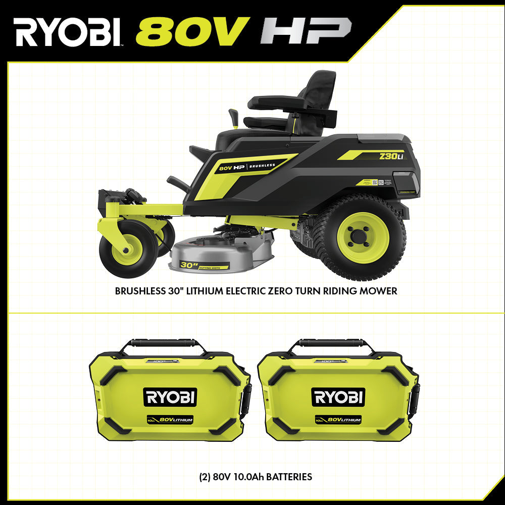 80V HP BRUSHLESS 30″ LITHIUM ELECTRIC ZERO TURN RIDING MOWER KIT | RYOBI