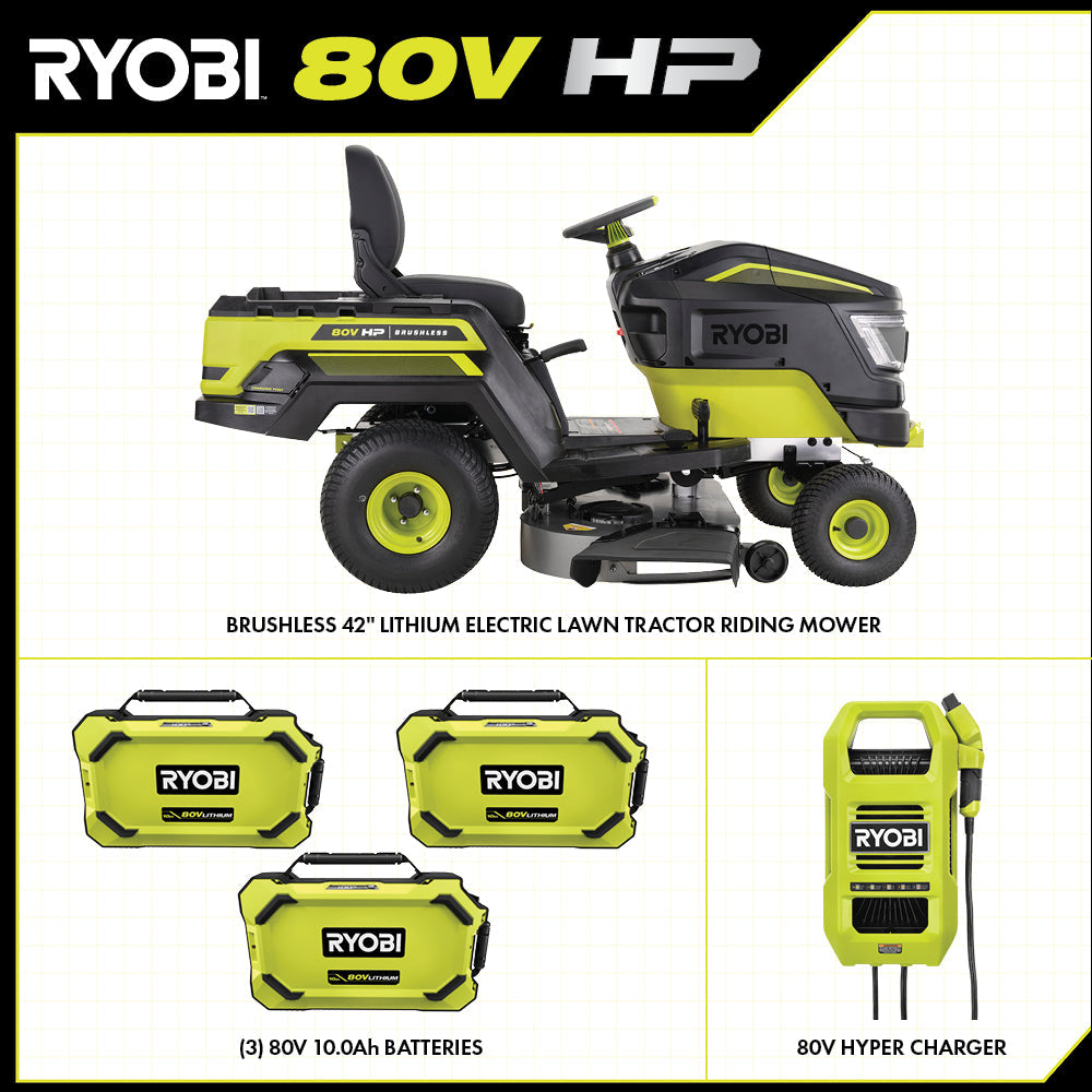 80V HP BRUSHLESS 42″ BATTERY CORDLESS ELECTRIC RIDING LAWN TRACTOR KIT | RYOBI