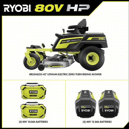 80V HP BRUSHLESS 42″ LITHIUM ELECTRIC ZERO TURN RIDING MOWER KIT | RYOBI