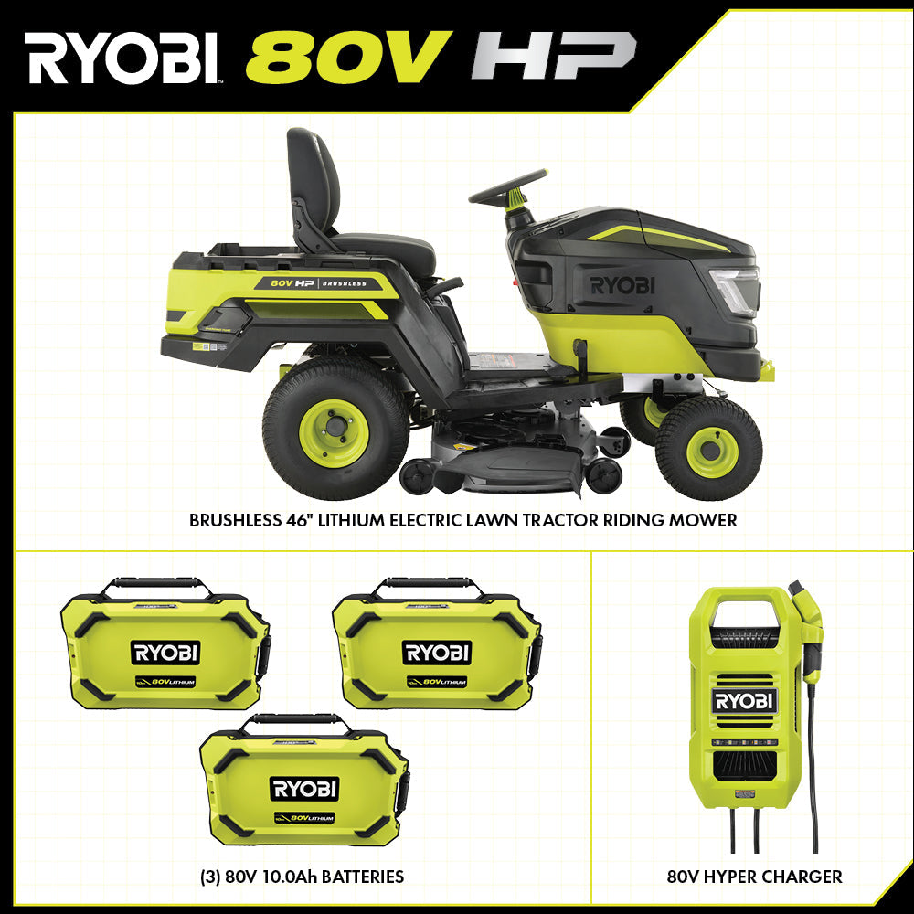 80V HP BRUSHLESS 46″ BATTERY CORDLESS ELECTRIC RIDING LAWN TRACTOR KIT | RYOBI