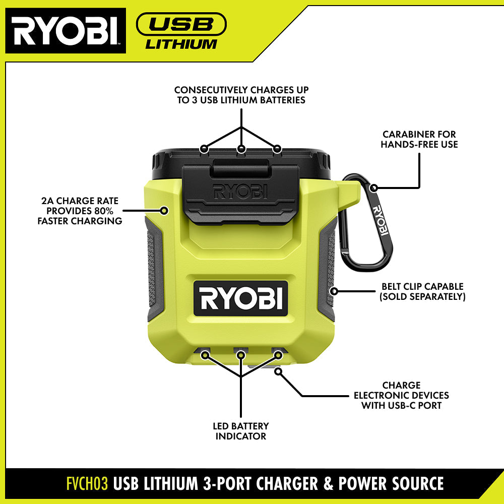 USB LITHIUM 3-PORT CHARGER & POWER SOURCE | RYOBI