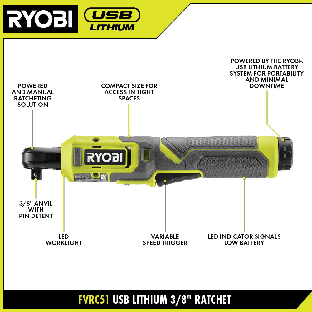 USB LITHIUM 3/8?? LIGHT DUTY RATCHET KIT | RYOBI