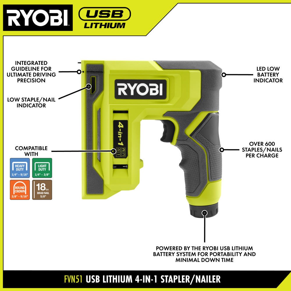 USB LITHIUM 4-IN-1 CRAFT STAPLER/NAILER KIT | RYOBI