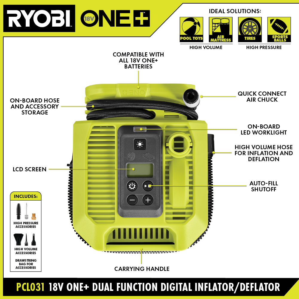 18V ONE+ DUAL FUNCTION DIGITAL INFLATOR/DEFLATOR KIT | RYOBI