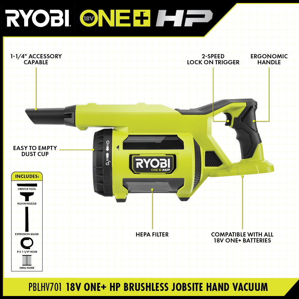 18V ONE+ HP BRUSHLESS JOBSITE HAND VACUUM KIT | RYOBI