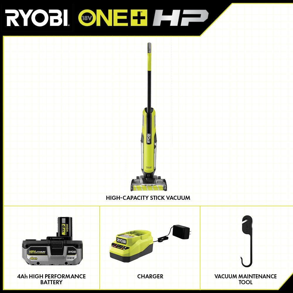 18V ONE+ HP CORDLESS HIGH-CAPACITY STICK VACUUM CLEANER KIT WITH 4.0 AH BATTERY AND CHARGER | RYOBI