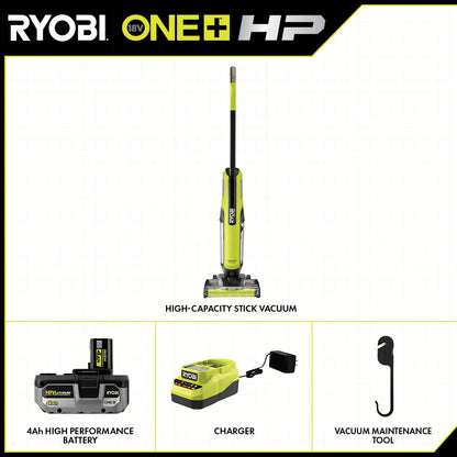 18V ONE+ HP CORDLESS HIGH-CAPACITY STICK VACUUM CLEANER KIT WITH 4.0 AH BATTERY AND CHARGER | RYOBI