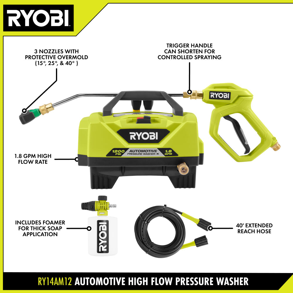 1200 PSI 1.8 GPM COLD WATER AUTOMOTIVE HIGH FLOW ELECTRIC PRESSURE WASHER KIT | RYOBI