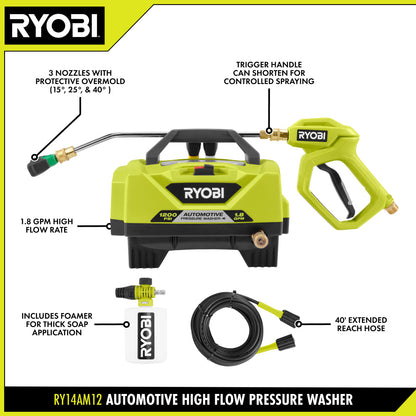 1200 PSI 1.8 GPM COLD WATER AUTOMOTIVE HIGH FLOW ELECTRIC PRESSURE WASHER KIT | RYOBI