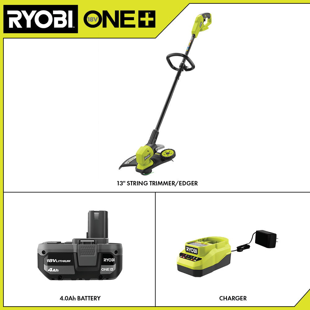18V ONE+ 13″ CORDLESS BATTERY STRING TRIMMER/ LAWN EDGER WITH 4.0 AH BATTERY AND CHARGER | RYOBI