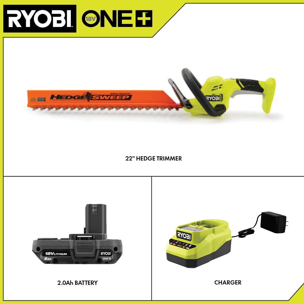 18V ONE+ 22″ LITHIUM-ION ELECTRIC HEDGE TRIMMER CORDLESS WITH 2.0 AH BATTERY AND CHARGER | RYOBI