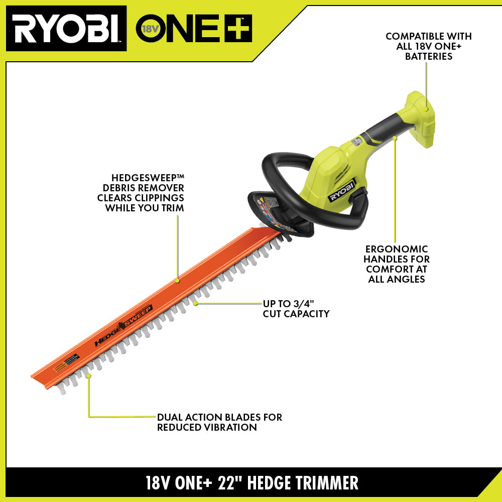 18V ONE+ 22″ LITHIUM-ION ELECTRIC HEDGE TRIMMER CORDLESS WITH 2.0 AH BATTERY AND CHARGER | RYOBI