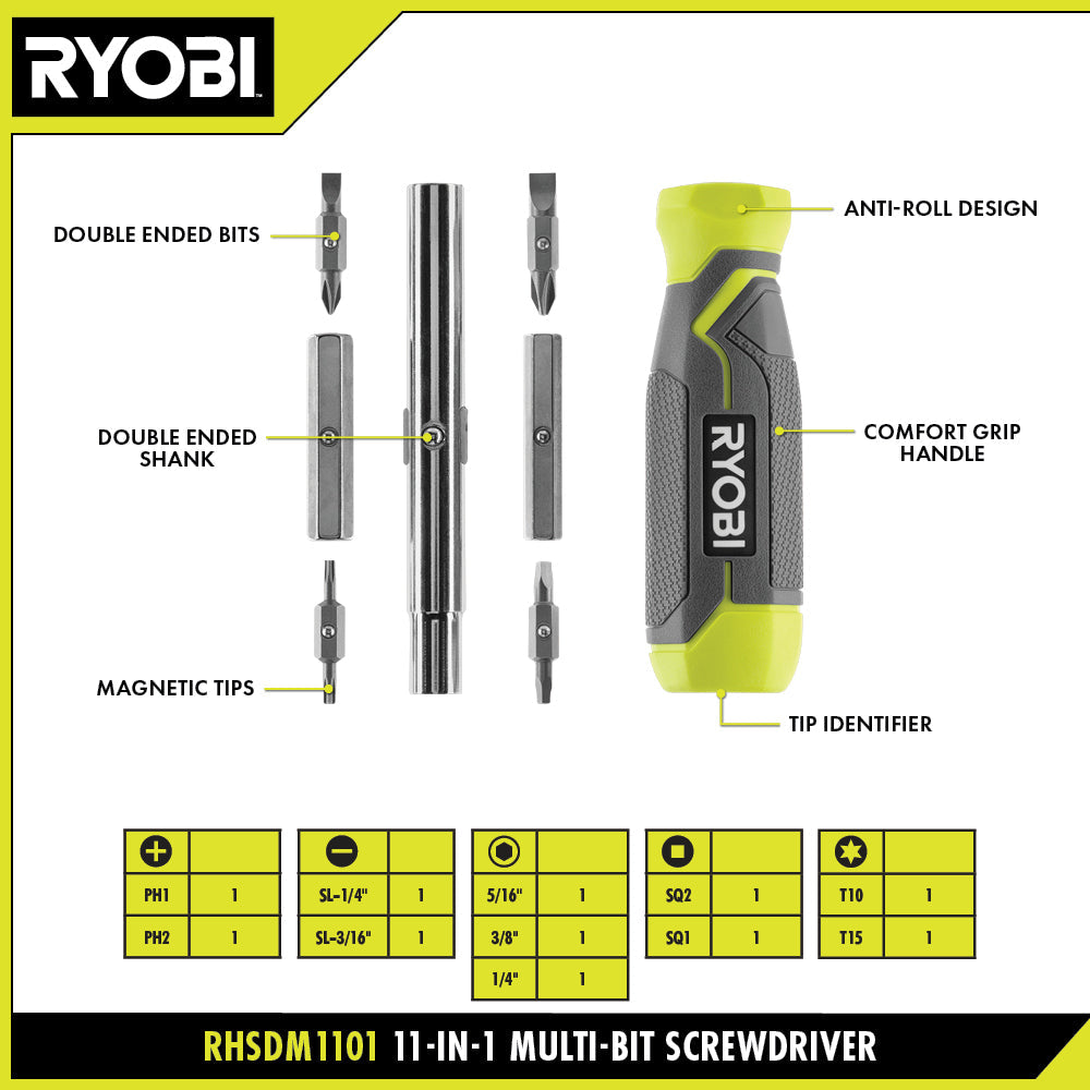 11-IN-1 MULTI-BIT SCREWDRIVER WITH CUSHION GRIP HANDLE | RYOBI