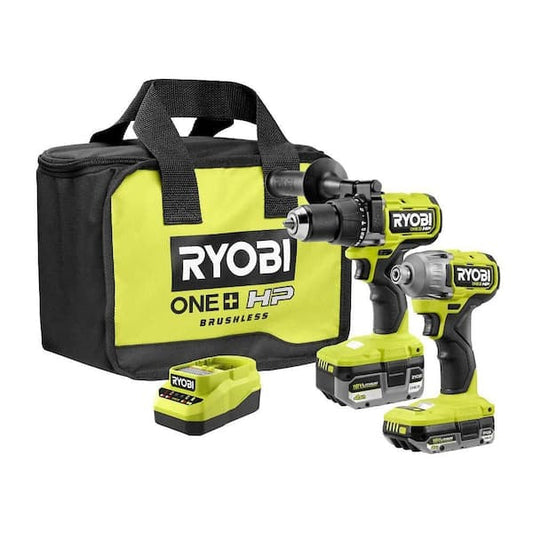 18V ONE+ HP BRUSHLESS CORDLESS 2-TOOL HAMMER DRILL / DRIVER, IMPACT DRIVER, 4.0 AH, 2.0 AH BATTERY, CHARGER, AND BAG | RYOBI