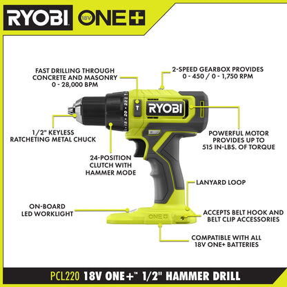 18V ONE+ 1/2″ HAMMER DRILL | RYOBI