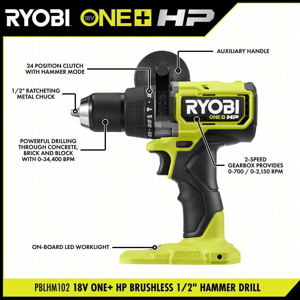 18V ONE+ HP BRUSHLESS 1/2″ HAMMER DRILL | RYOBI