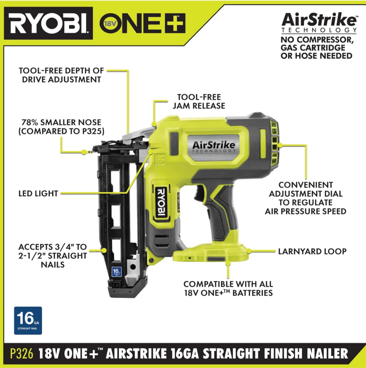 18V ONE+ AIRSTRIKE 16GA FINISH NAILER KIT | RYOBI