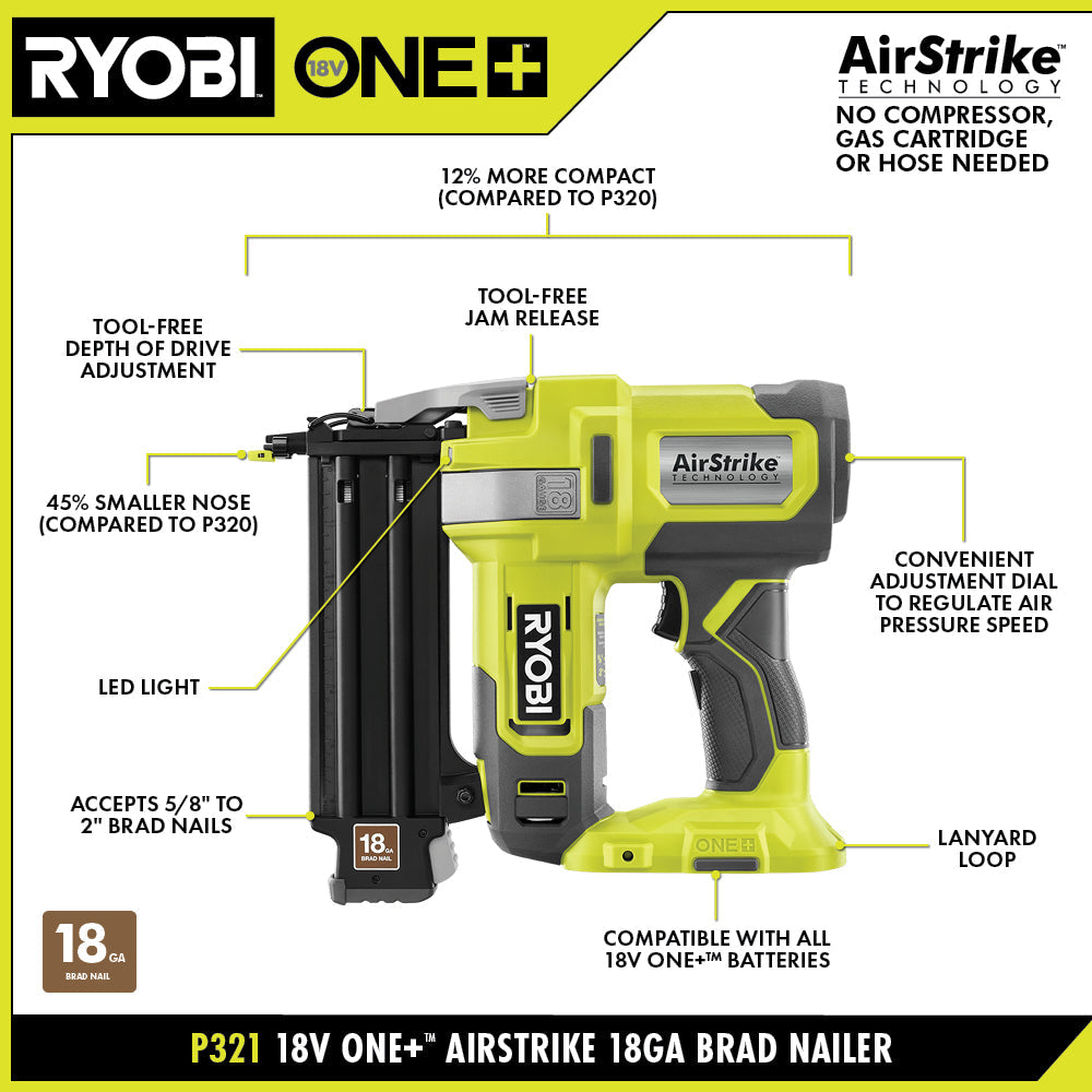 18V ONE+ AIRSTRIKE 18GA BRAD NAILER KIT | RYOBI