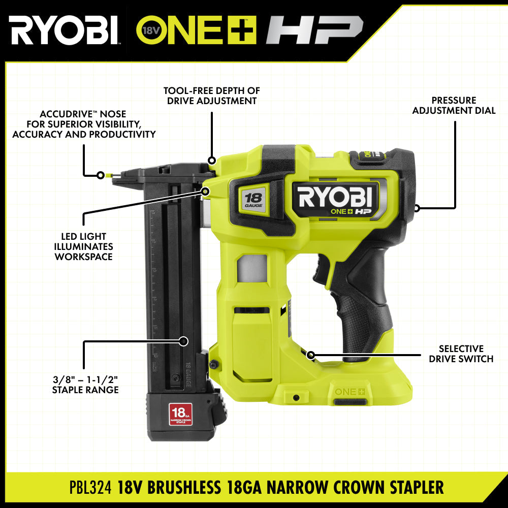 18V ONE+ HP 18V BRUSHLESS CORDLESS 18-GAUGE NARROW CROWN STAPLER, CORDLESS STAPLE GUN (TOOL ONLY) | RYOBI