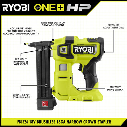 18V ONE+ HP 18V BRUSHLESS CORDLESS 18-GAUGE NARROW CROWN STAPLER, CORDLESS STAPLE GUN (TOOL ONLY) | RYOBI