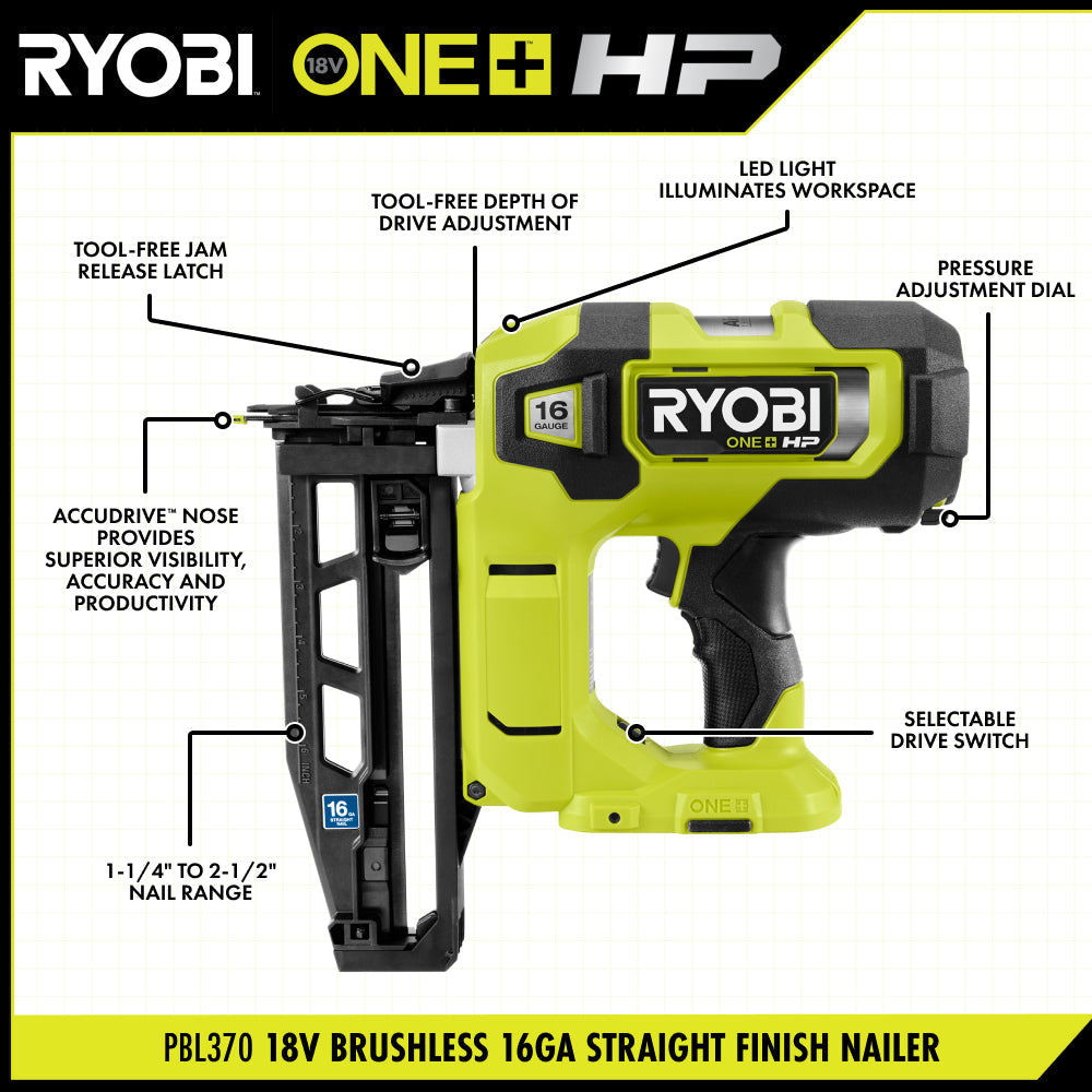 18V ONE+ HP 18V BRUSHLESS CORDLESS NAIL GUN, 16-GAUGE STRAIGHT FINISH NAILER (TOOL ONLY) | RYOBI