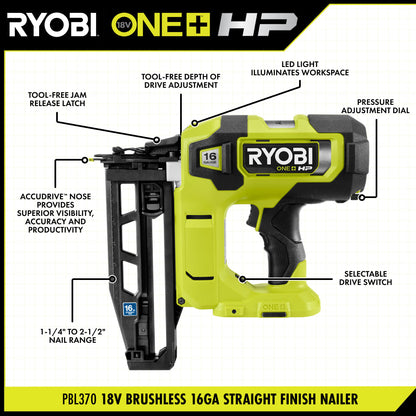 18V ONE+ HP 18V BRUSHLESS CORDLESS NAIL GUN, 16-GAUGE STRAIGHT FINISH NAILER (TOOL ONLY) | RYOBI