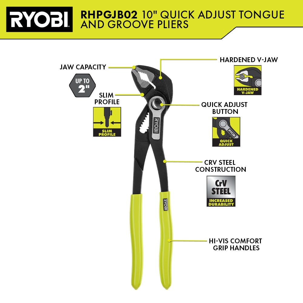10″ QUICK ADJUST TONGUE AND GROOVE PLIER | RYOBI