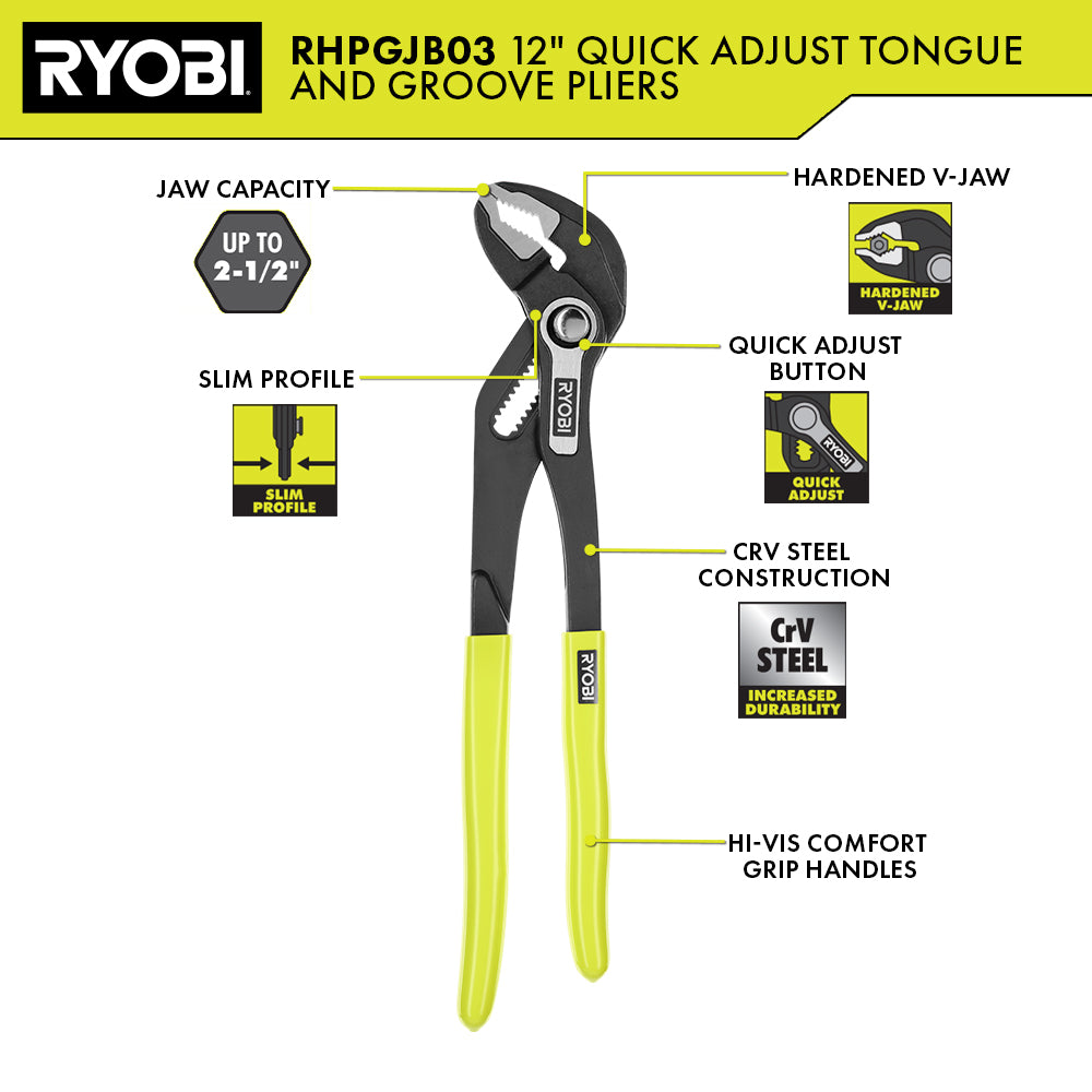 12″ QUICK ADJUST TONGUE AND GROOVE PLIER | RYOBI