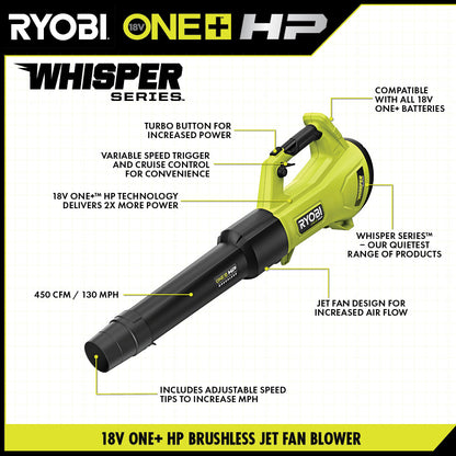 18V ONE+ HP BRUSHLESS WHISPER SERIES 450 CFM BLOWER | RYOBI