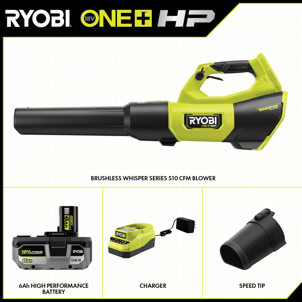 18V ONE+ HP BRUSHLESS WHISPER SERIES 510 CFM 130 MPH BATTERY LEAF BLOWER, 6.0 AH BATTERY, CHARGER | RYOBI