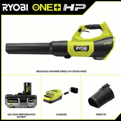 18V ONE+ HP BRUSHLESS WHISPER SERIES 510 CFM 130 MPH BATTERY LEAF BLOWER, 6.0 AH BATTERY, CHARGER | RYOBI