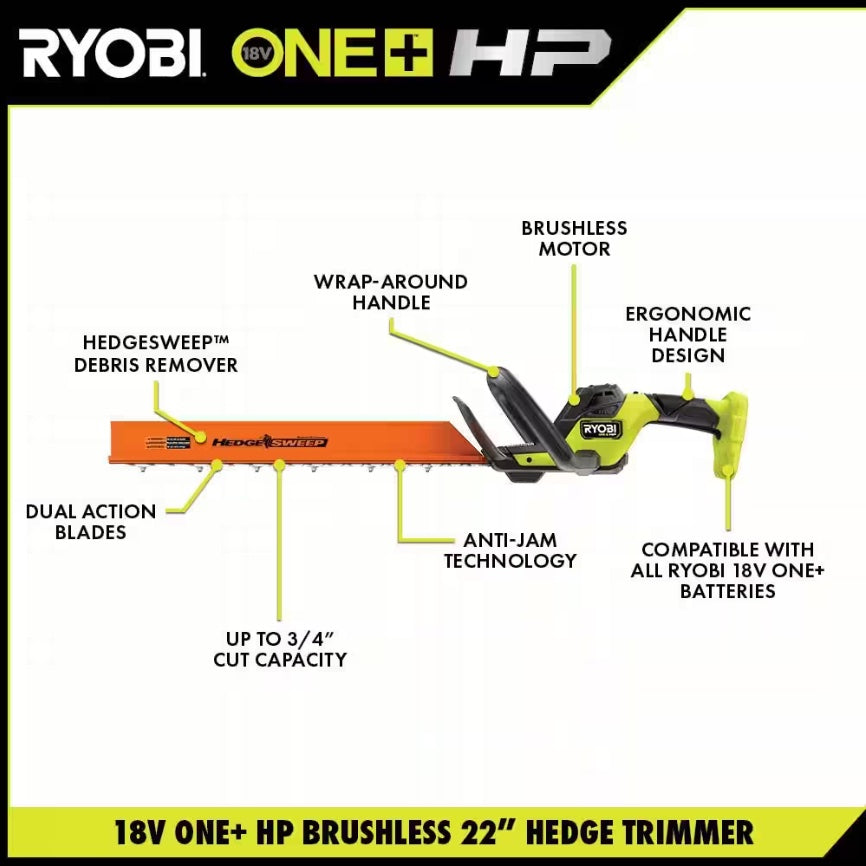18V ONE+ HP BRUSHLESS 22″ HEDGE TRIMMER KIT | RYOBI