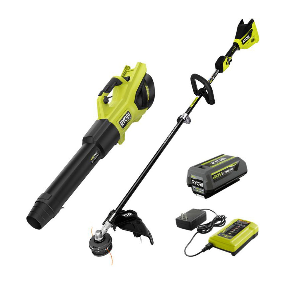 40V HP BRUSHLESS 600 CFM WHISPER SERIES BLOWER & 15″ CARBON FIBER STRING TRIMMER COMBO KIT | RYOBI