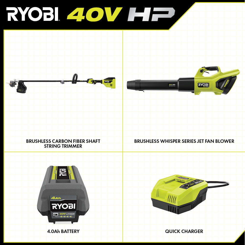 40V HP BRUSHLESS 600 CFM WHISPER SERIES BLOWER & 15″ CARBON FIBER STRING TRIMMER COMBO KIT | RYOBI