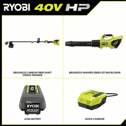 40V HP BRUSHLESS 600 CFM WHISPER SERIES BLOWER & 15″ CARBON FIBER STRING TRIMMER COMBO KIT | RYOBI