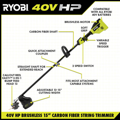 40V HP BRUSHLESS 600 CFM WHISPER SERIES BLOWER & 15″ CARBON FIBER STRING TRIMMER COMBO KIT | RYOBI