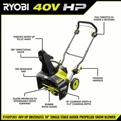 40V HP BRUSHLESS 18?? SINGLE-STAGE AUGER-PROPELLED SNOW BLOWER | RYOBI
