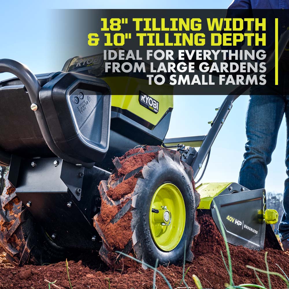 40V HP BRUSHLESS 18″ REAR TINE TILLER KIT | RYOBI