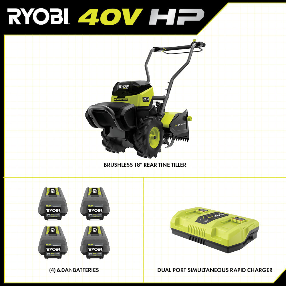 40V HP BRUSHLESS 18″ REAR TINE TILLER KIT | RYOBI