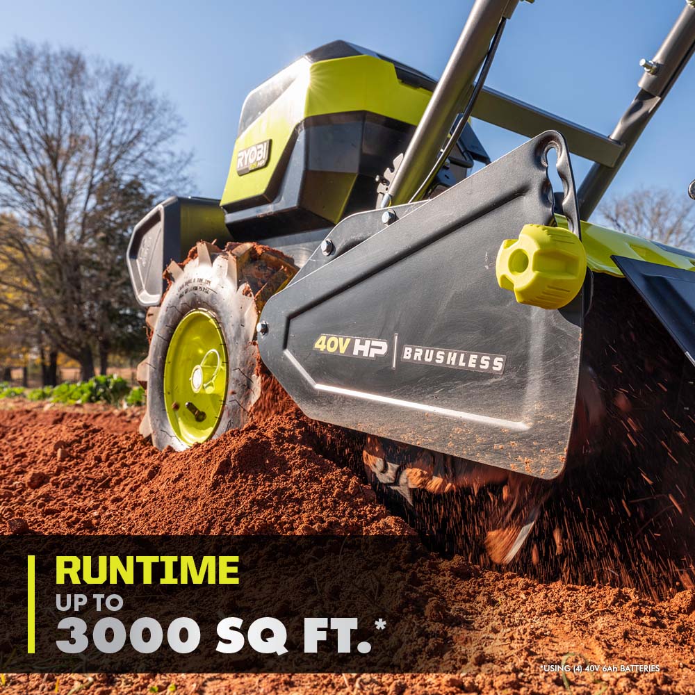 40V HP BRUSHLESS 18″ REAR TINE TILLER KIT | RYOBI