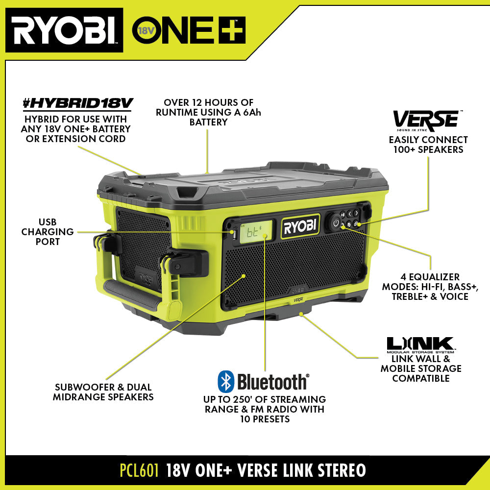 18V ONE+ HYBRID VERSE? LINK? BLUETOOTH? STEREO | RYOBI