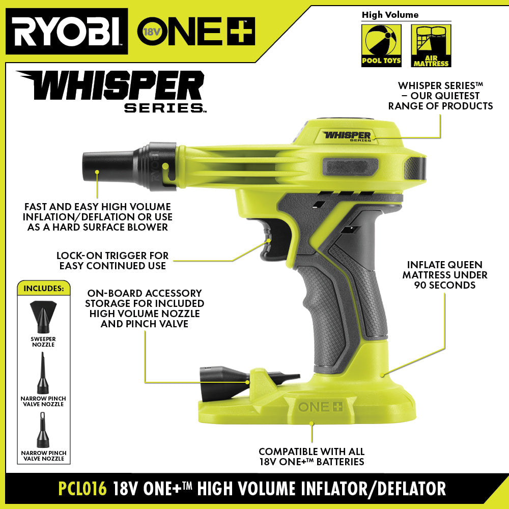 18V ONE+ WHISPER SERIES HIGH VOLUME INFLATOR | RYOBI