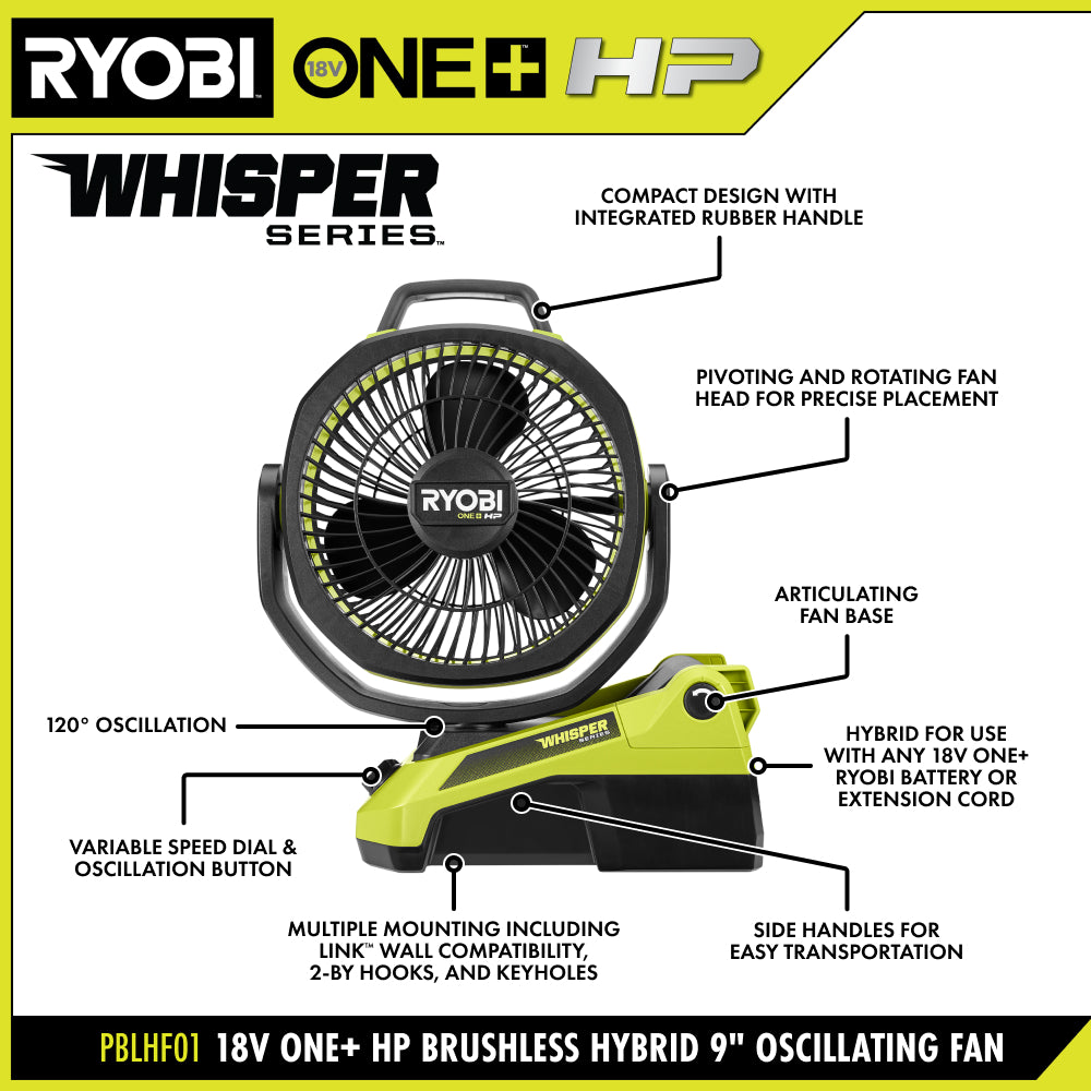 18V ONE+ HP BRUSHLESS HYBRID 9″ OSCILLATING FAN | RYOBI