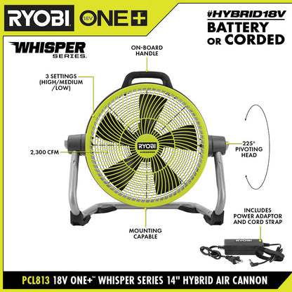 18V ONE+ HYBRID WHISPER SERIES 14″ AIR CANNON FAN KIT | RYOBI