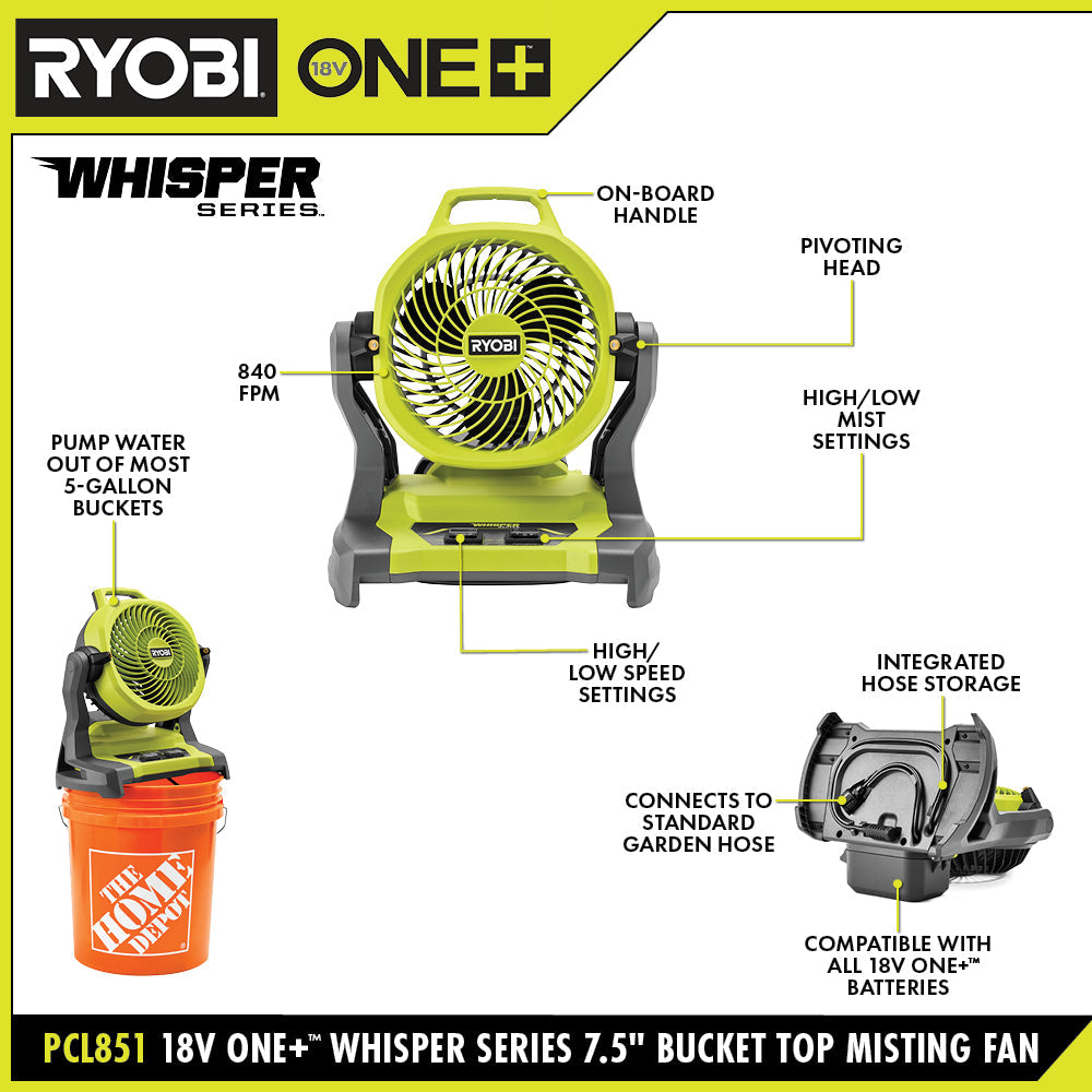 18V ONE+ WHISPER SERIES 7.5″ BUCKET TOP MISTING FAN KIT | RYOBI