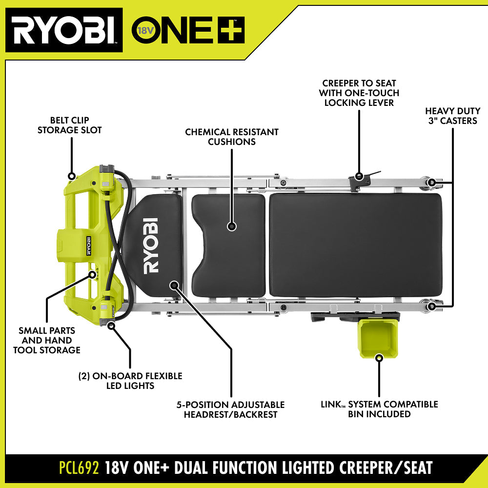 18V ONE+ DUAL FUNCTION LIGHTED CREEPER/SEAT | RYOBI