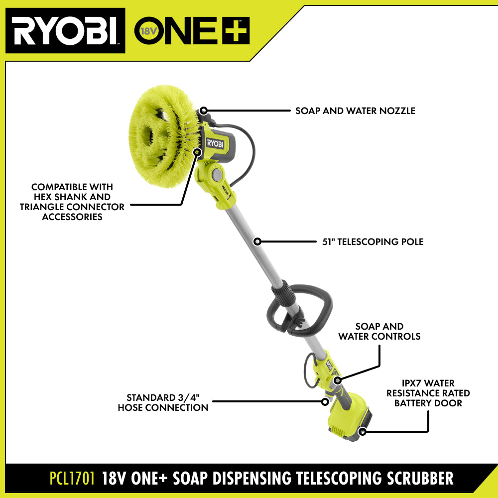 18V ONE+ VORTEX SOAP DISPENSING TELESCOPING SCRUBBER KIT | RYOBI