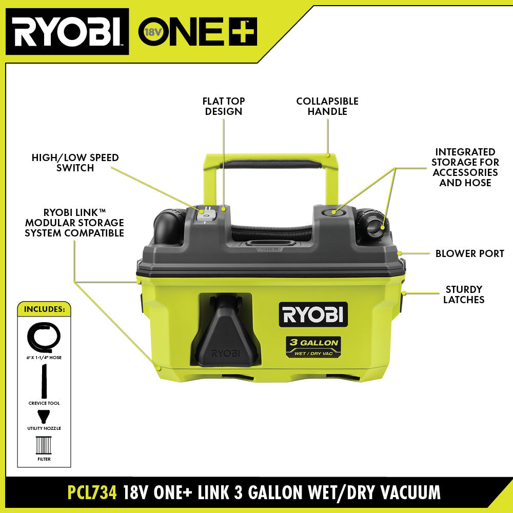18V ONE+ LINK? 3 GALLON WET/DRY VACUUM KIT | RYOBI