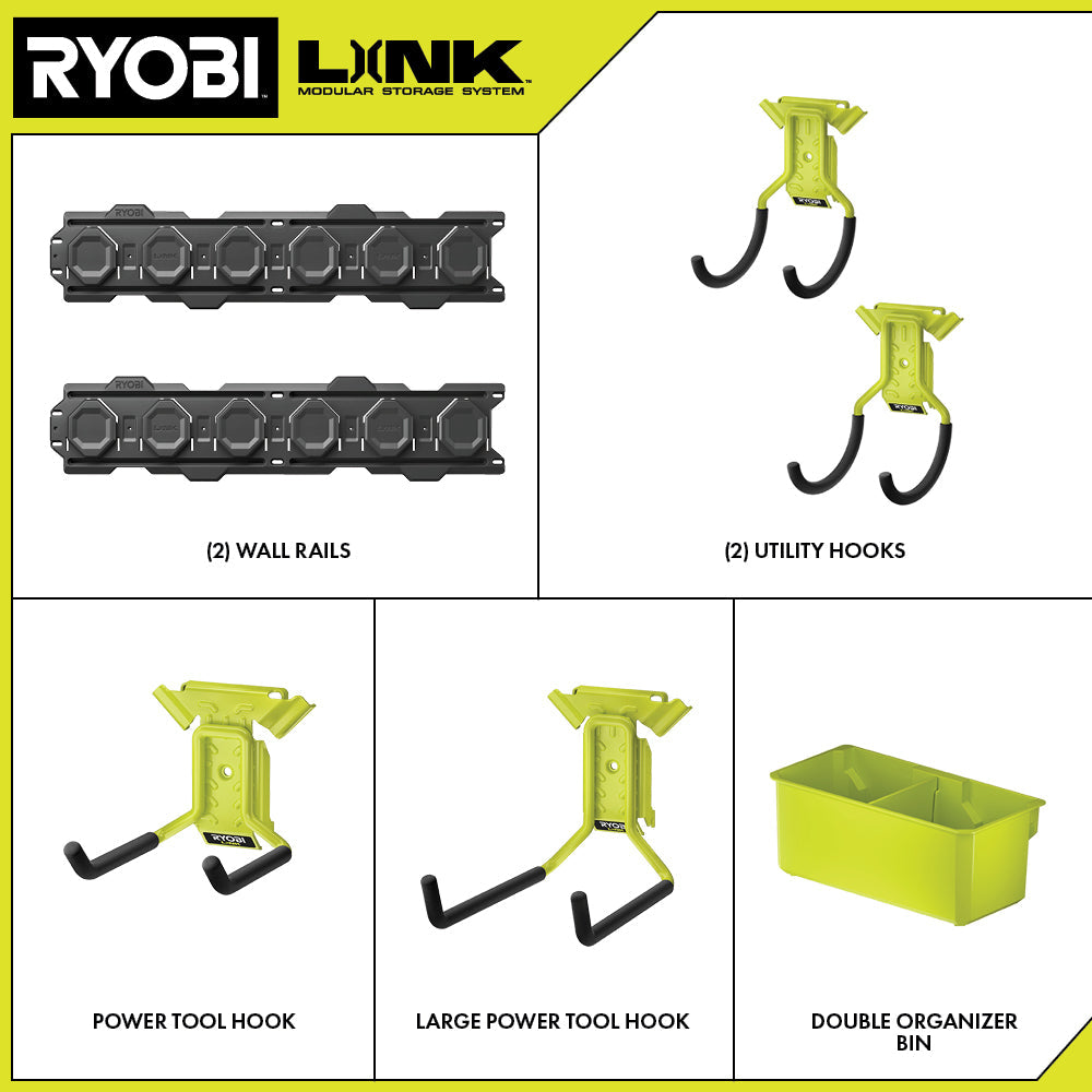 LINK 7-PIECE WALL STORAGE KIT, HEAVY DUTY WALL HOOKS | RYOBI